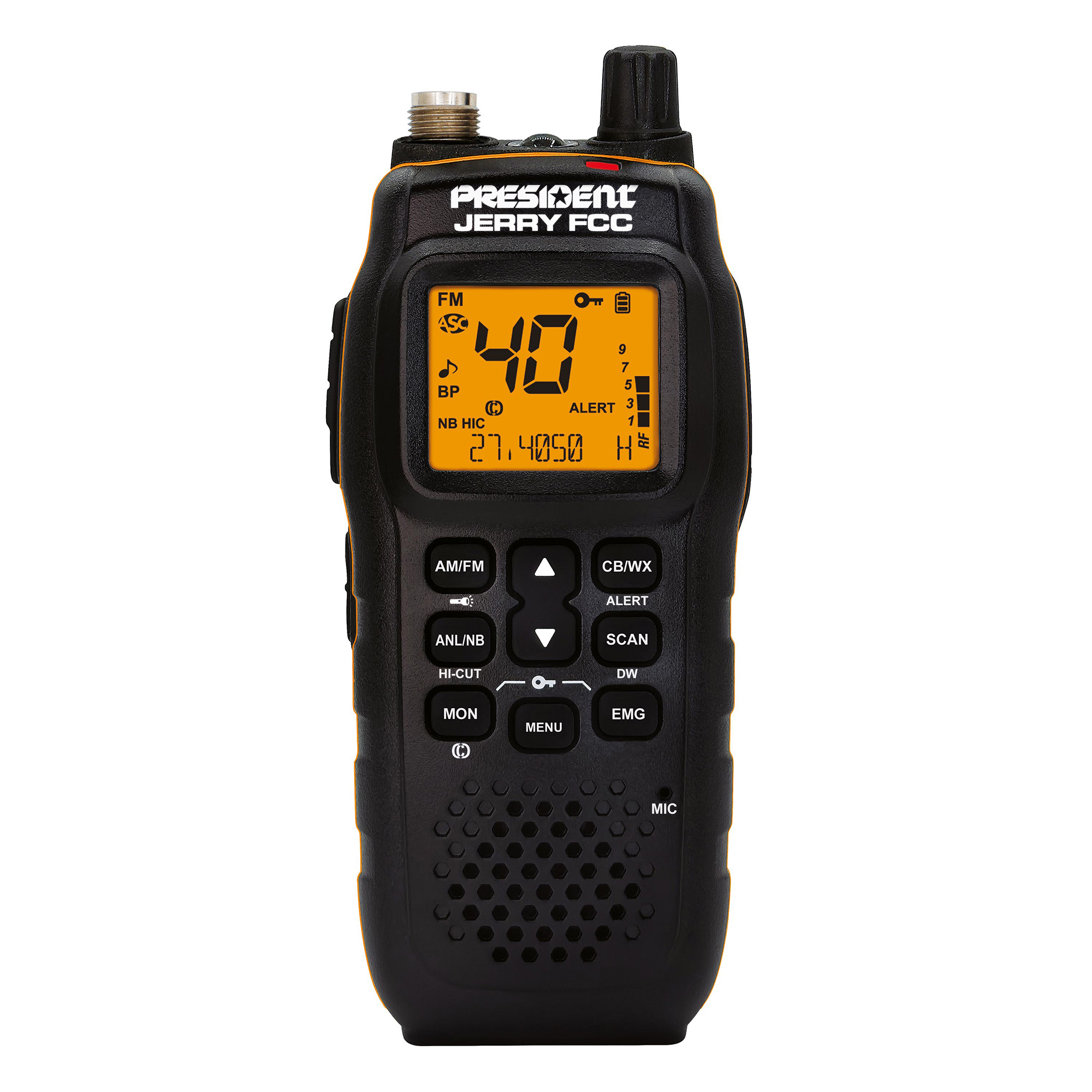 PRESIDENT Jerry FCC Handheld Ultra-Compact CB Radio with 40 Channels, AM/FM/PA, Weather Alert, Emergency Channel, Scan, Flexible Antenna & Car Charger, TXUS623